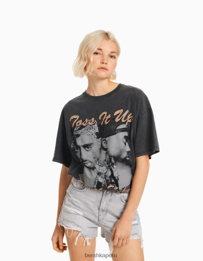 gris Bershka mujer camiseta de manga corta con estampado de tupac 806J6B341