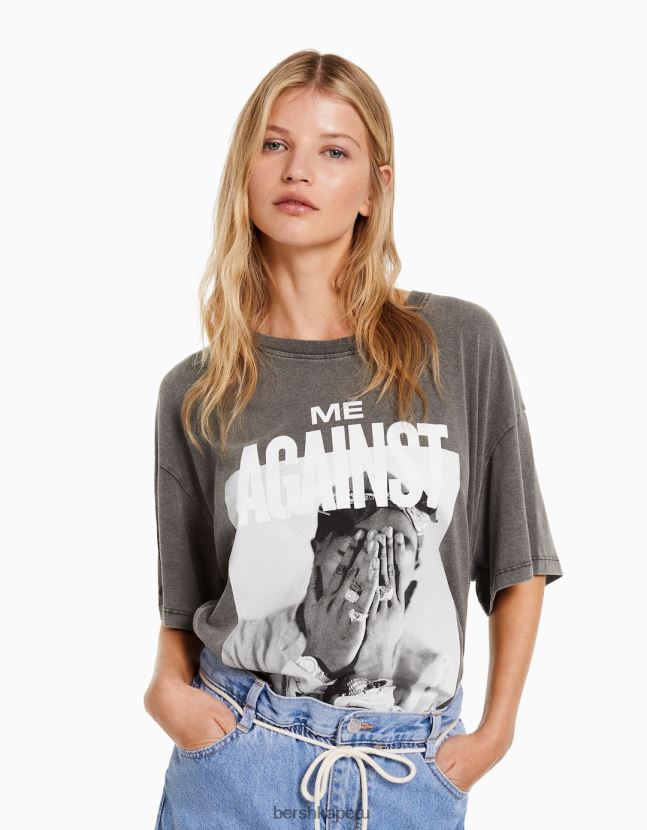 gris Bershka mujer camiseta de manga corta con estampado de tupac 806J6B555