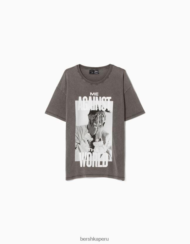 gris Bershka mujer camiseta de manga corta con estampado de tupac 806J6B555