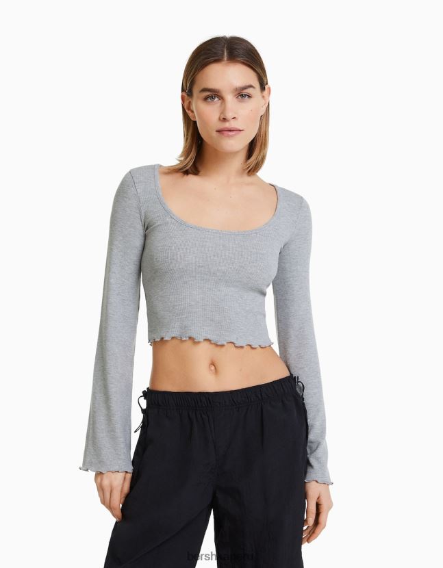 gris Bershka mujer camiseta de manga larga con cuello redondo 806J6B577