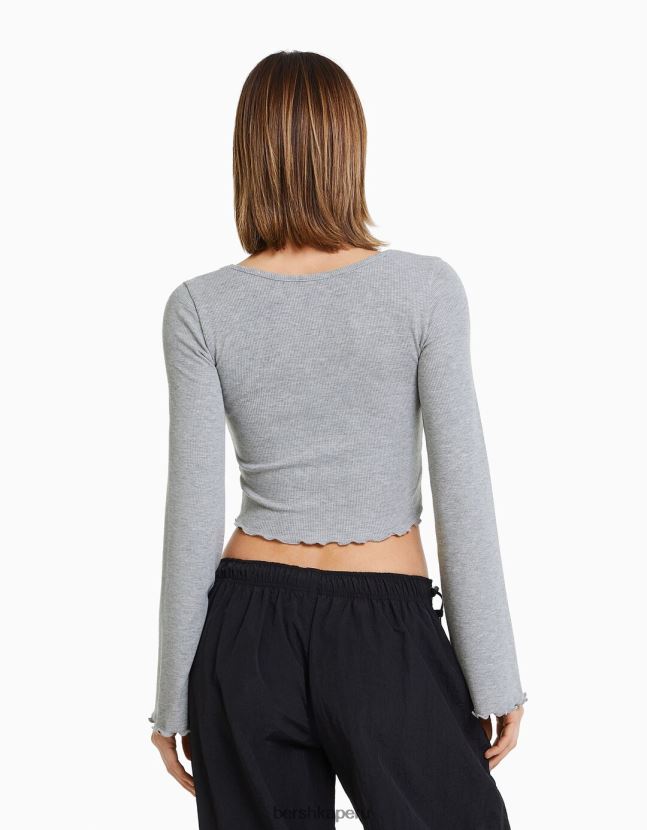 gris Bershka mujer camiseta de manga larga con cuello redondo 806J6B577