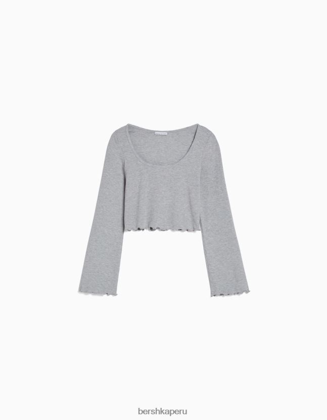 gris Bershka mujer camiseta de manga larga con cuello redondo 806J6B577