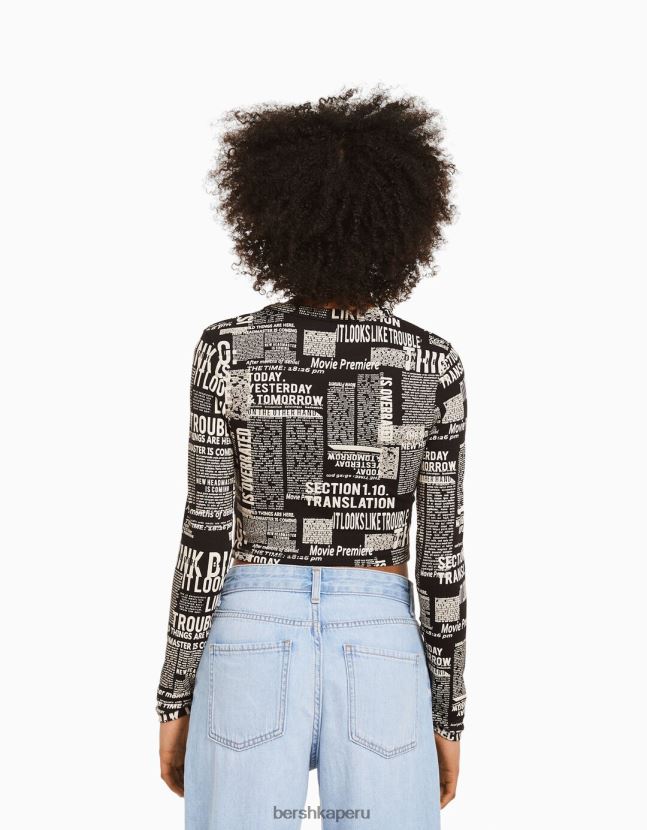 gris Bershka mujer camiseta de manga larga con estampado 806J6B615