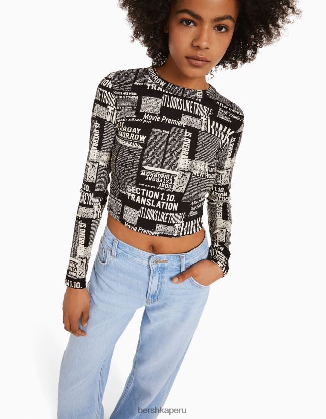 gris Bershka mujer camiseta de manga larga con estampado 806J6B615