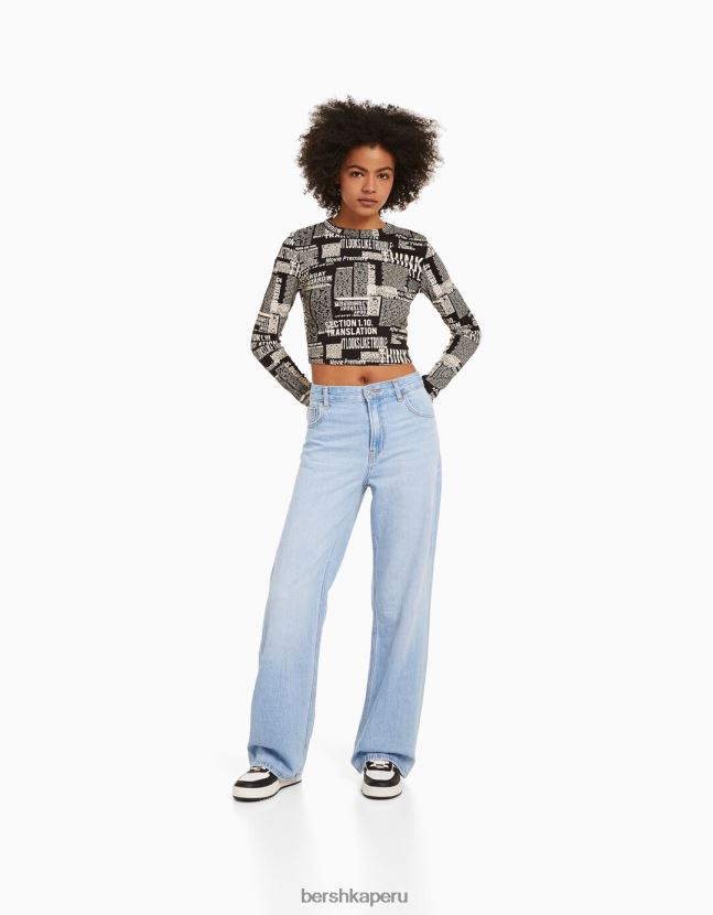 gris Bershka mujer camiseta de manga larga con estampado 806J6B615