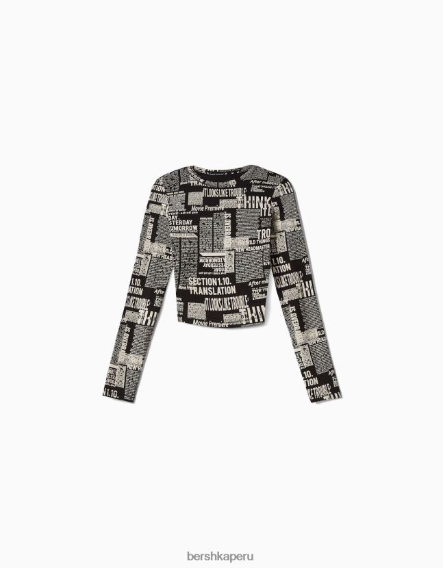 gris Bershka mujer camiseta de manga larga con estampado 806J6B615