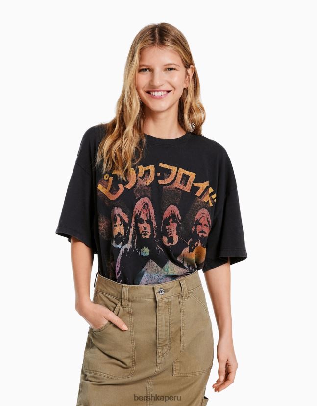 gris Bershka mujer playera de manga corta con estampado de Pink Floyd 806J6B558