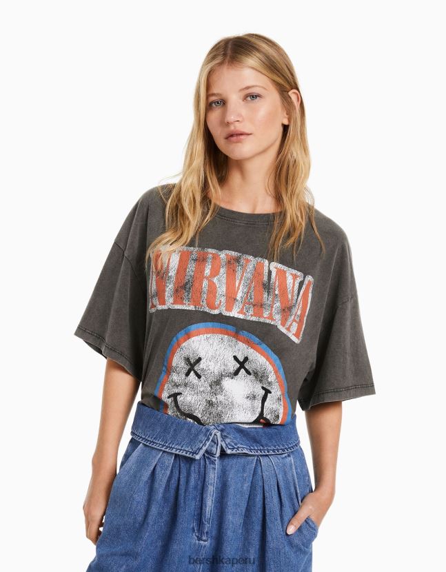 gris Bershka mujer playera de manga corta con estampado de nirvana 806J6B556