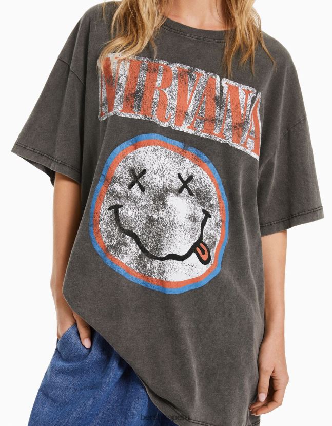 gris Bershka mujer playera de manga corta con estampado de nirvana 806J6B556
