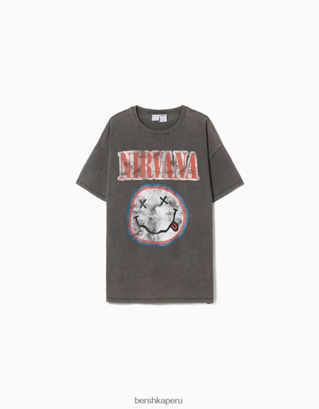 gris Bershka mujer playera de manga corta con estampado de nirvana 806J6B556