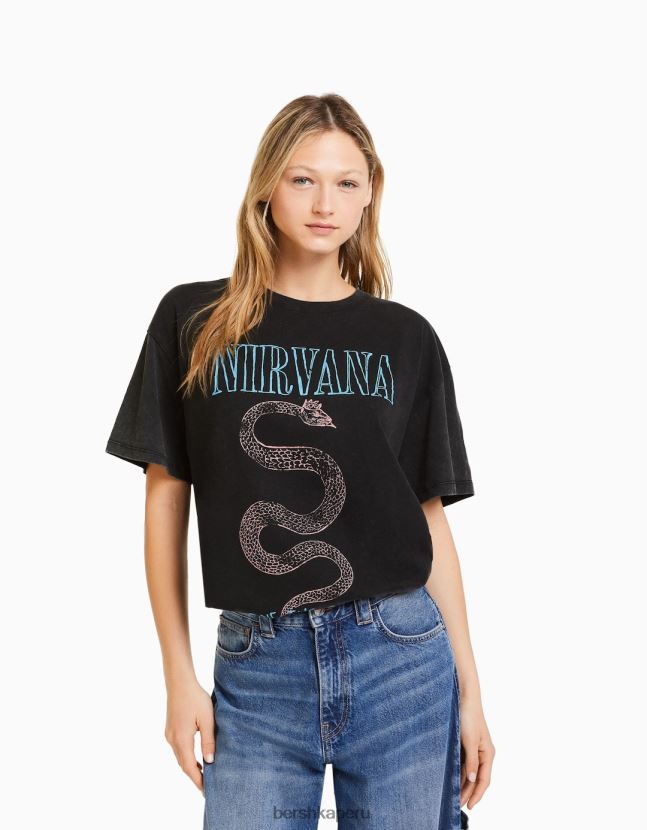 gris Bershka mujer playera de manga corta con estampado de nirvana 806J6B557