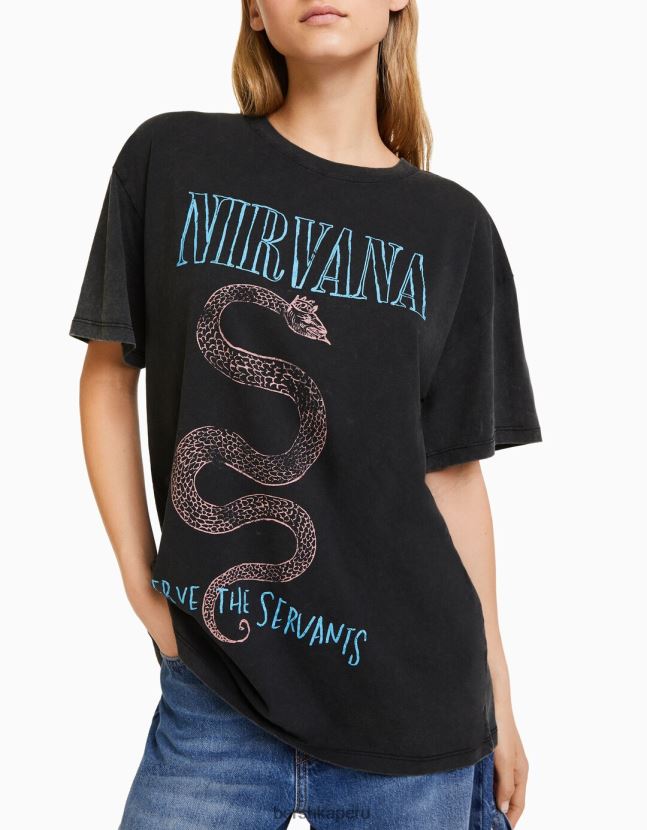 gris Bershka mujer playera de manga corta con estampado de nirvana 806J6B557