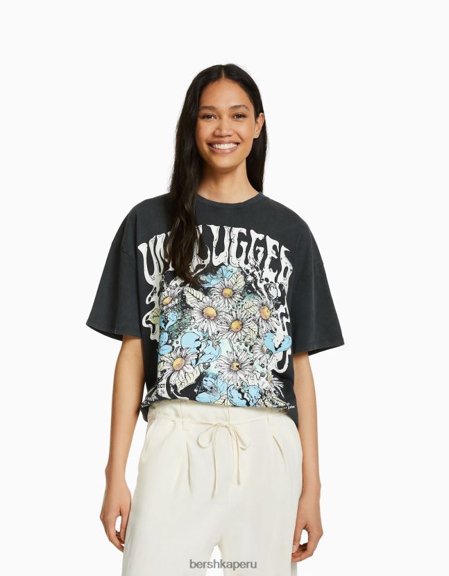 gris Bershka mujer playera oversize de manga corta estampada 806J6B430