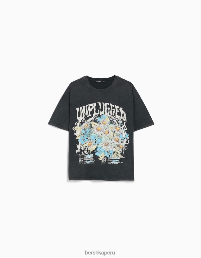 gris Bershka mujer playera oversize de manga corta estampada 806J6B430