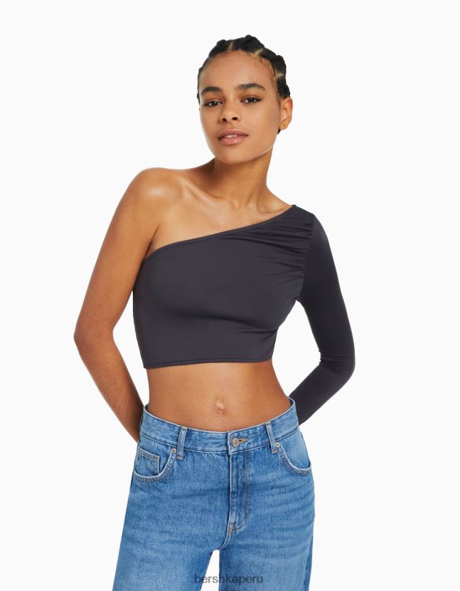gris oscuro Bershka mujer camiseta asimétrica de manga larga 806J6B384