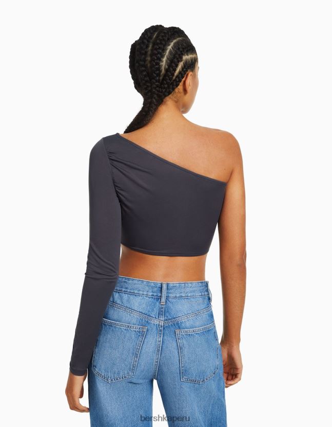 gris oscuro Bershka mujer camiseta asimétrica de manga larga 806J6B384