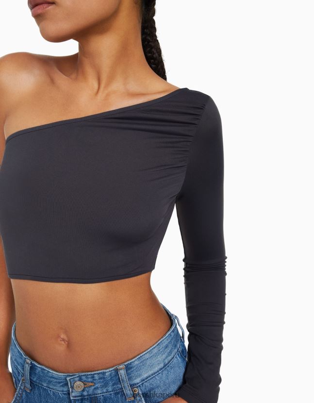 gris oscuro Bershka mujer camiseta asimétrica de manga larga 806J6B384