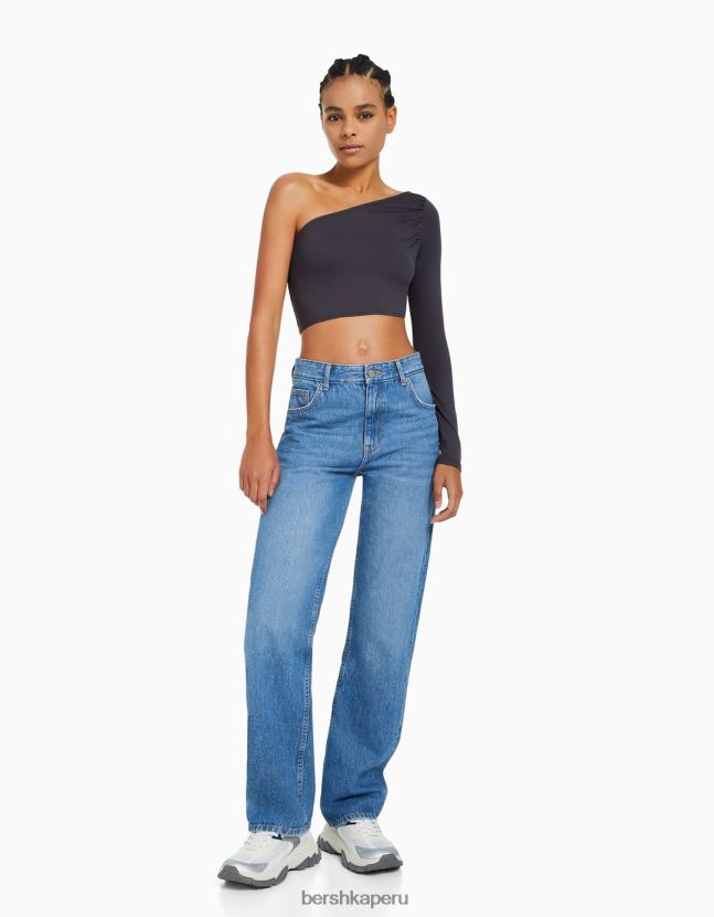gris oscuro Bershka mujer camiseta asimétrica de manga larga 806J6B384