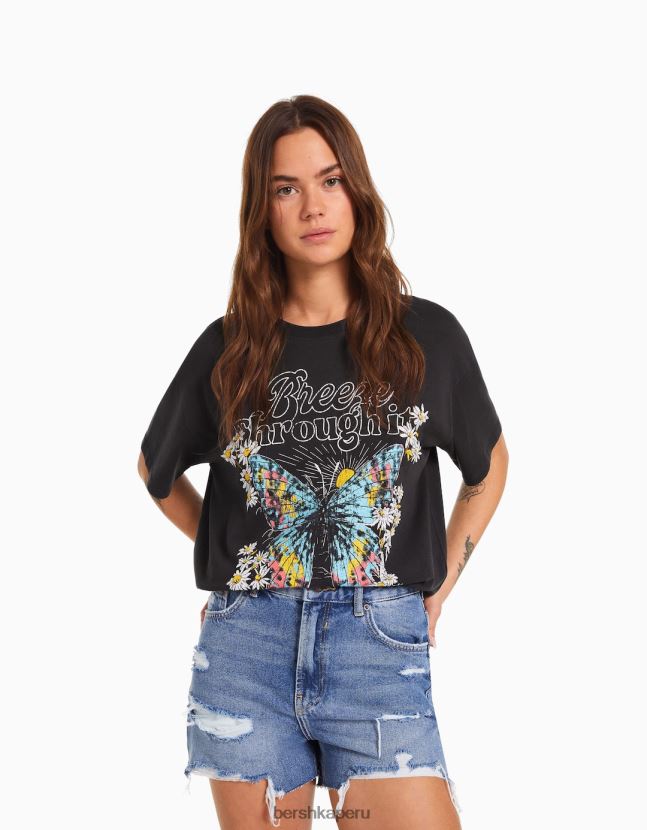 gris oscuro Bershka mujer camiseta de manga corta con estampado 806J6B468