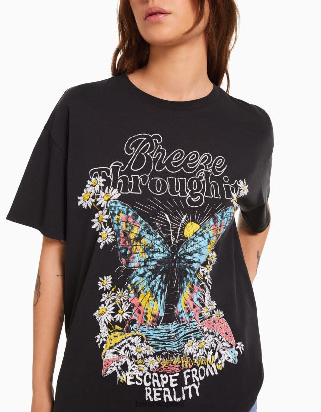 gris oscuro Bershka mujer camiseta de manga corta con estampado 806J6B468