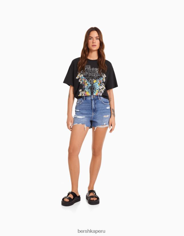 gris oscuro Bershka mujer camiseta de manga corta con estampado 806J6B468