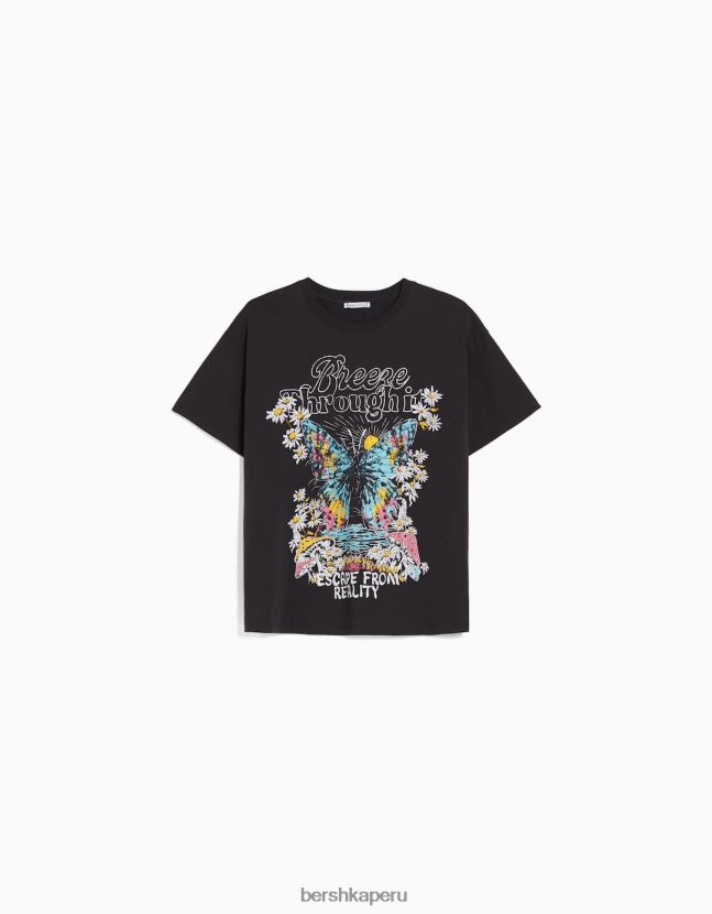 gris oscuro Bershka mujer camiseta de manga corta con estampado 806J6B468