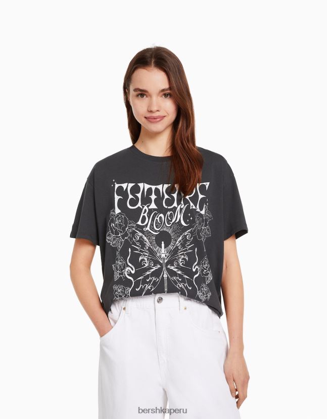 gris oscuro Bershka mujer camiseta de manga corta con estampado 806J6B504