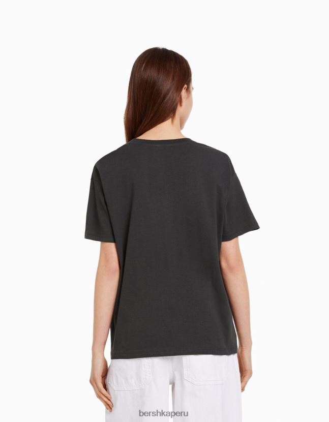 gris oscuro Bershka mujer camiseta de manga corta con estampado 806J6B504