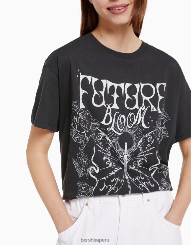 gris oscuro Bershka mujer camiseta de manga corta con estampado 806J6B504