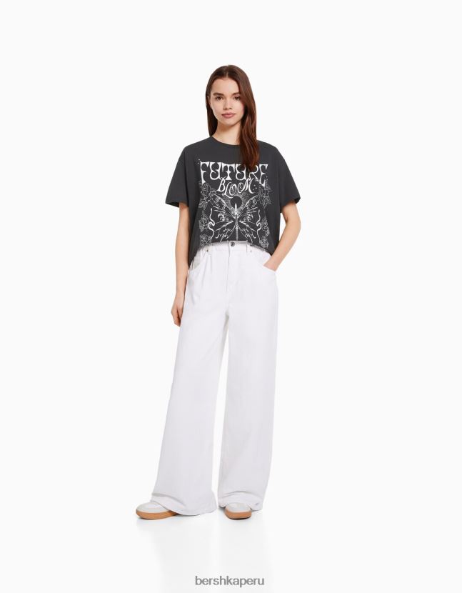 gris oscuro Bershka mujer camiseta de manga corta con estampado 806J6B504