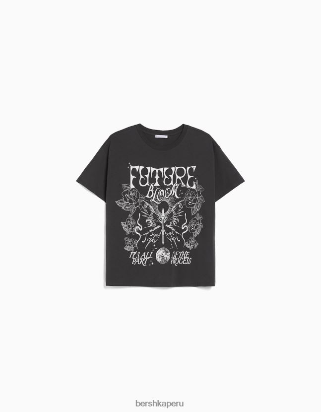 gris oscuro Bershka mujer camiseta de manga corta con estampado 806J6B504