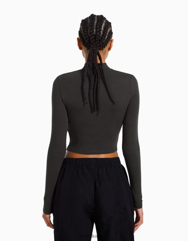 gris oscuro Bershka mujer camiseta de manga larga con cuello alto 806J6B406