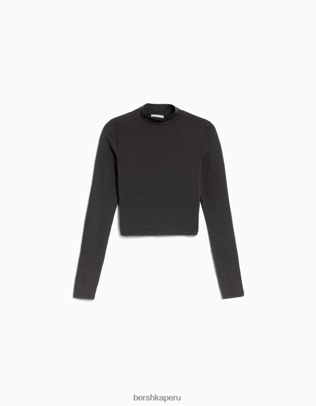 gris oscuro Bershka mujer camiseta de manga larga con cuello alto 806J6B406