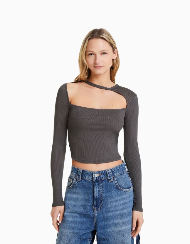 gris oscuro Bershka mujer camiseta de manga larga con escote asimétrico 806J6B473