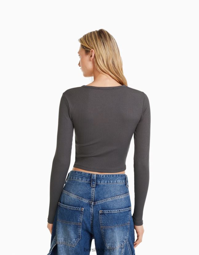 gris oscuro Bershka mujer camiseta de manga larga con escote asimétrico 806J6B473