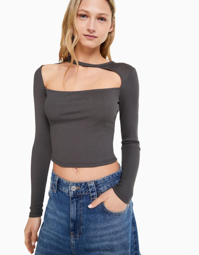 gris oscuro Bershka mujer camiseta de manga larga con escote asimétrico 806J6B473