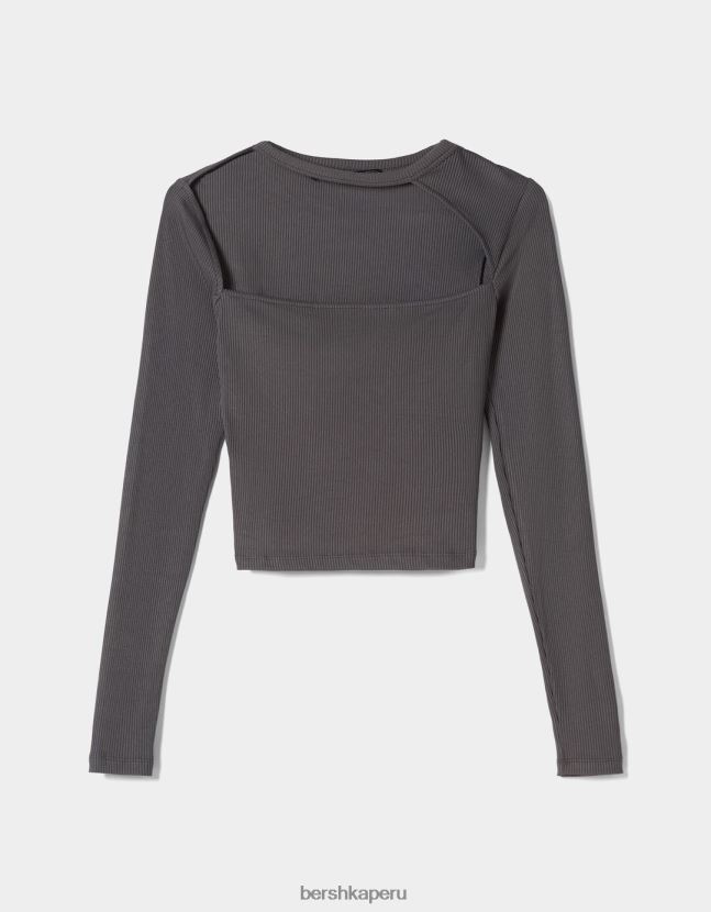 gris oscuro Bershka mujer camiseta de manga larga con escote asimétrico 806J6B473