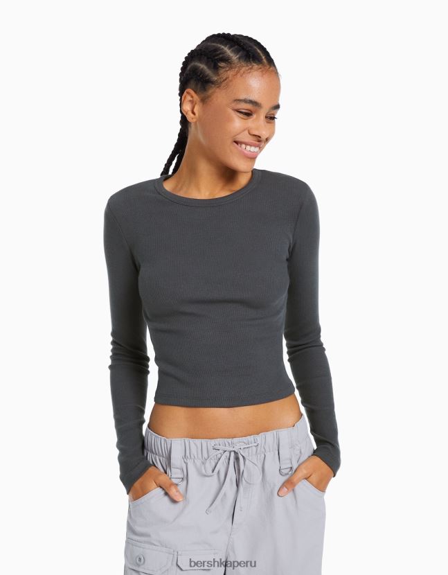 gris oscuro Bershka mujer camiseta de manga larga de canalé 806J6B434