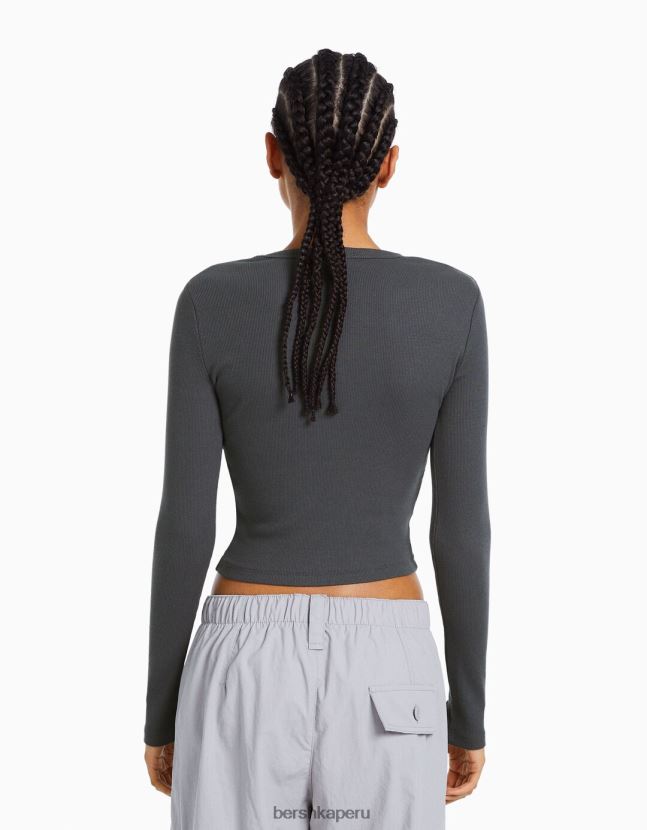 gris oscuro Bershka mujer camiseta de manga larga de canalé 806J6B434