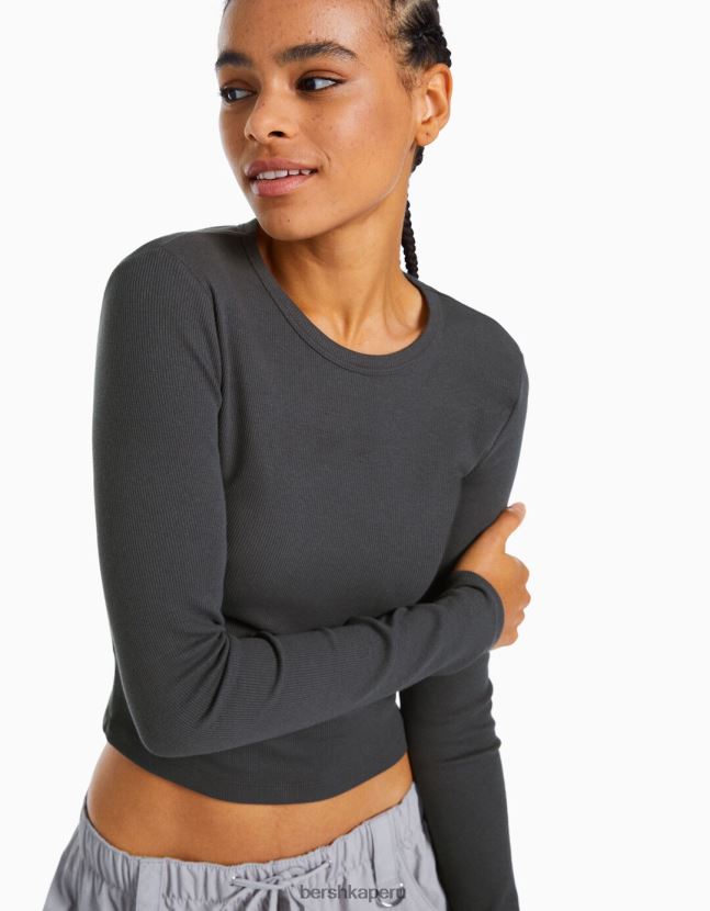 gris oscuro Bershka mujer camiseta de manga larga de canalé 806J6B434