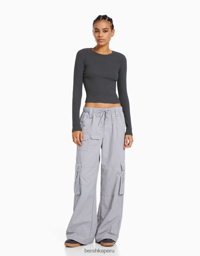 gris oscuro Bershka mujer camiseta de manga larga de canalé 806J6B434