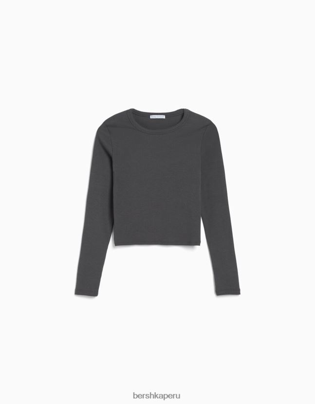 gris oscuro Bershka mujer camiseta de manga larga de canalé 806J6B434