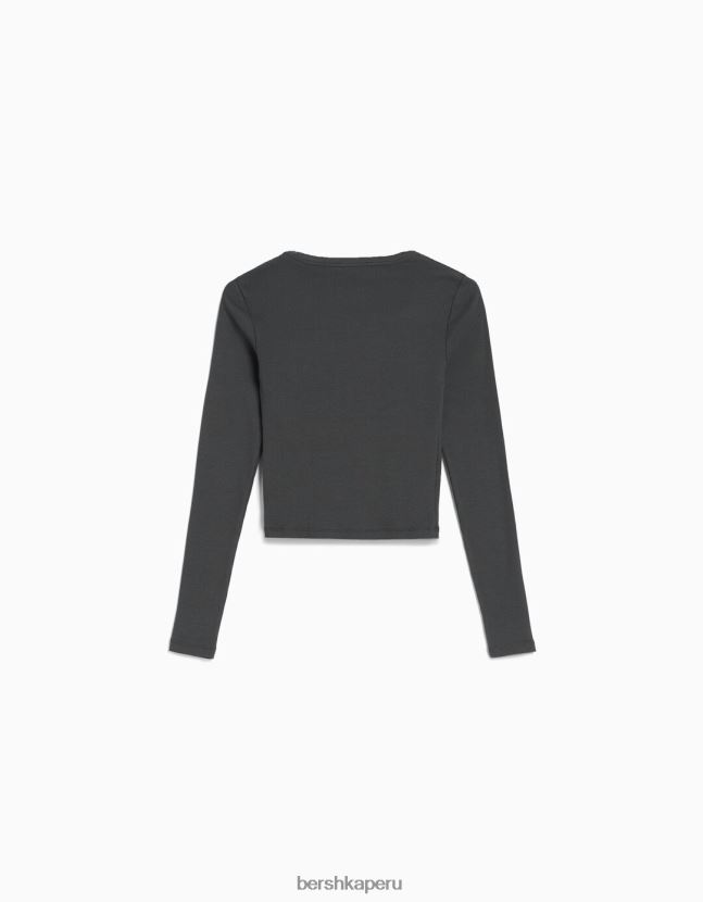 gris oscuro Bershka mujer camiseta de manga larga de canalé 806J6B434