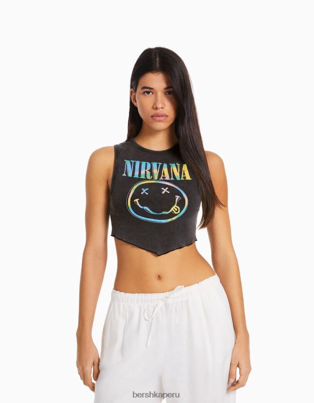 gris oscuro Bershka mujer camiseta sin mangas con estampado de nirvana 806J6B291