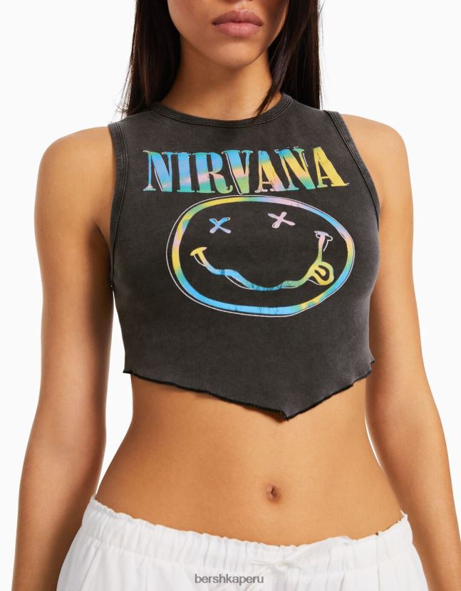 gris oscuro Bershka mujer camiseta sin mangas con estampado de nirvana 806J6B291