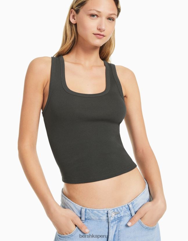 gris oscuro Bershka mujer camiseta sin mangas de canalé 806J6B312