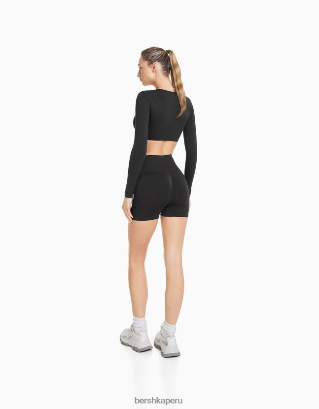 gris oscuro Bershka mujer playera corta sin costuras con cuello en V y manga larga 806J6B370