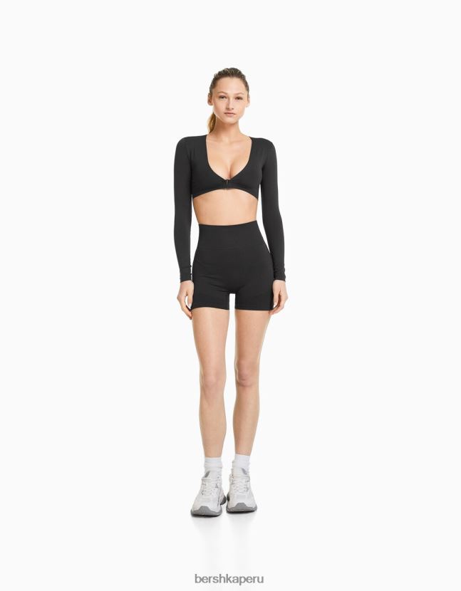 gris oscuro Bershka mujer playera corta sin costuras con cuello en V y manga larga 806J6B370