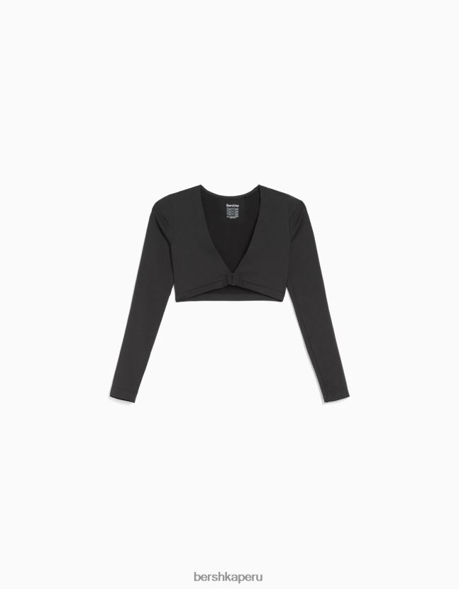 gris oscuro Bershka mujer playera corta sin costuras con cuello en V y manga larga 806J6B370