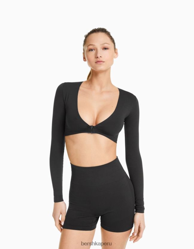 gris oscuro Bershka mujer playera corta sin costuras con cuello en V y manga larga 806J6B372